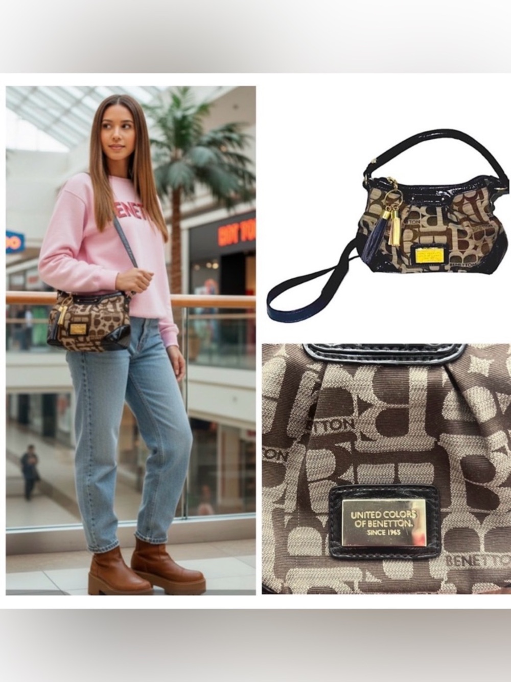 United Colors Of Benetton mini small bag crossbody tan brown gold hardware VTG